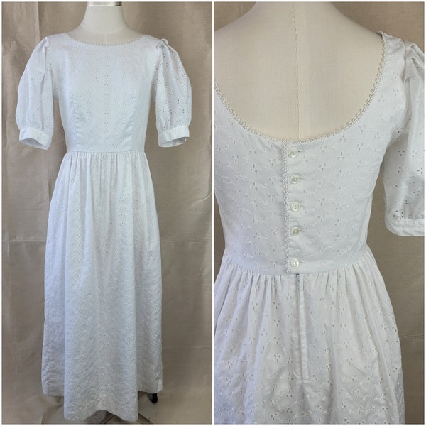 1980s Eyelet Cotton Midi Dress w Low Back and Puff Sleeves