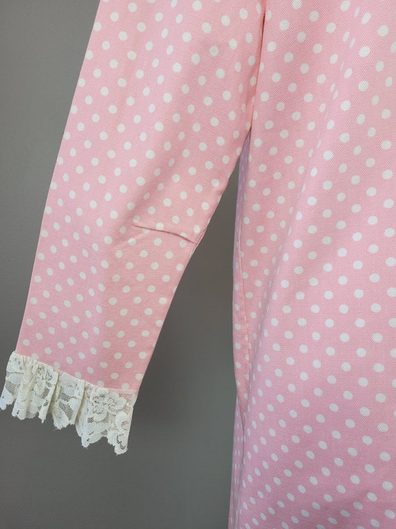 1960s Bubblegum Pink Polka Dot Mini Dress w Lace … - image 5