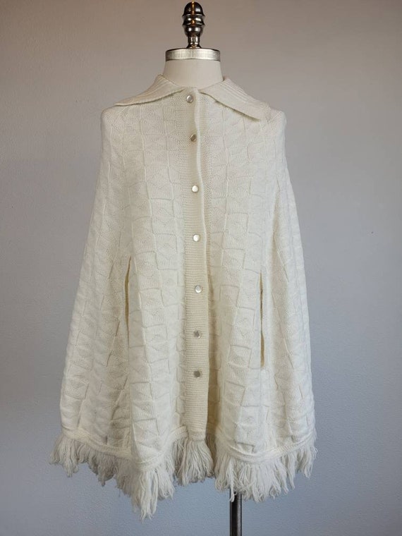 1960-70s Knit Fringe Poncho Sweater Top - image 2