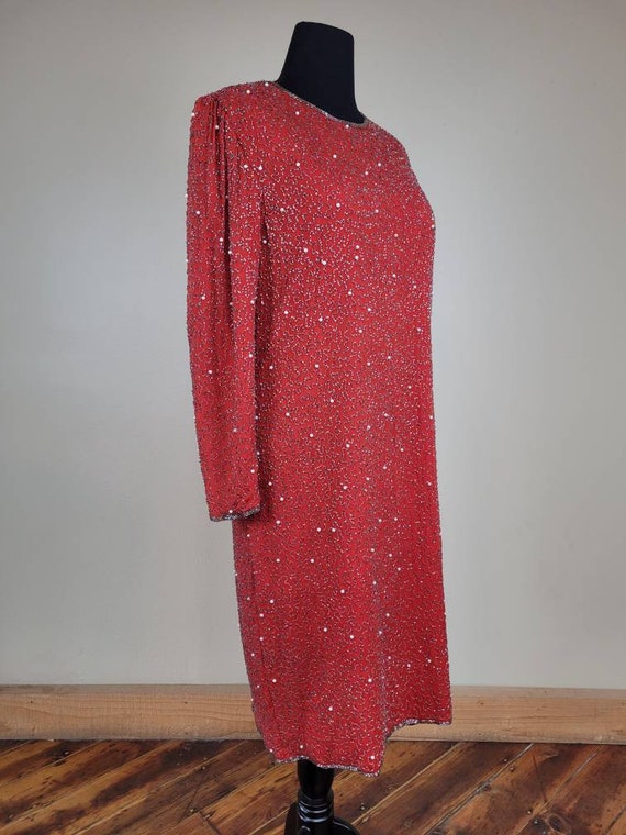 1990s Elegant Beaded Red Silk Shift Dress - image 3