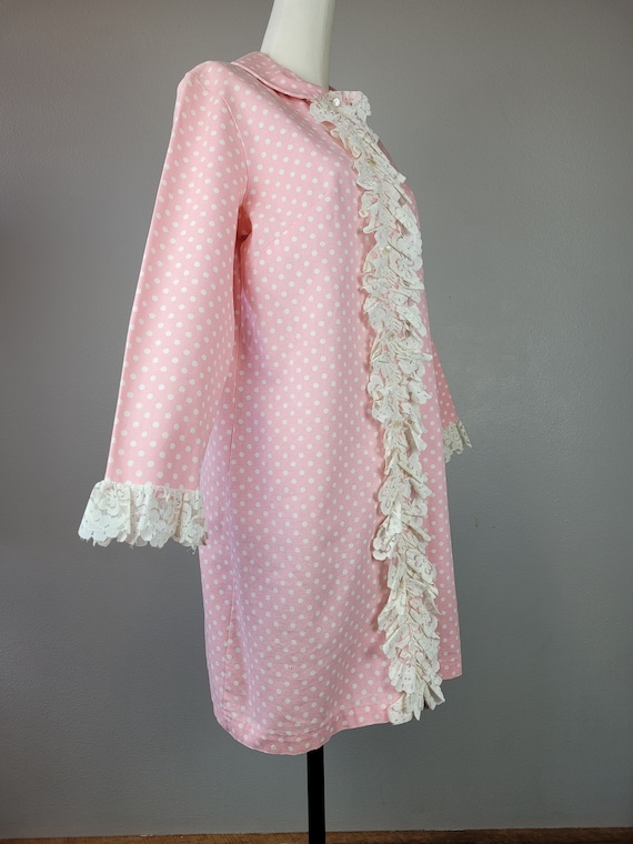 1960s Bubblegum Pink Polka Dot Mini Dress w Lace … - image 3