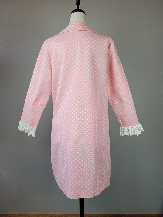 1960s Bubblegum Pink Polka Dot Mini Dress w Lace … - image 4
