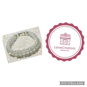 May include: A clear, beaded bracelet with a silver clasp. The bracelet is made of small, faceted beads and larger, clear crystal-like beads. The bracelet is displayed on a sparkly, white background. The image also includes a logo that says "LianetCreations Handmade Jewelry."