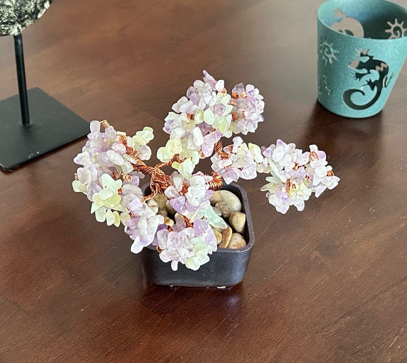 Healing Crystals: Lavender and Green Jade Crystal Gemstone Copper Wire Bonsai Tree of Life image 5