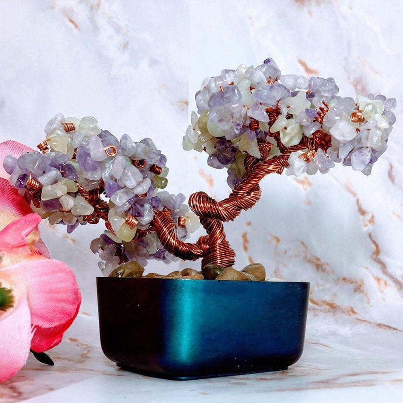 Healing Crystals: Lavender and Green Jade Crystal Gemstone Copper Wire Bonsai Tree of Life image 9