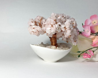 Crystal Rose Quartz Beaded Copper wire Bonsai Tree of Life, Handmade with Love