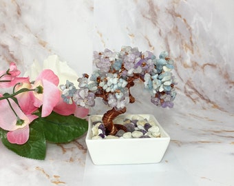 Genuine Purple Jade and Aquamarine Crystal Copper wire Bonsai Tree of Life, Handmade with Love