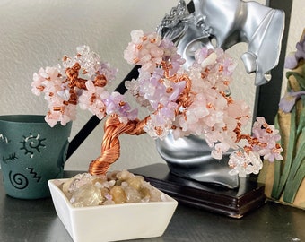 Rose Quartz, Lavender Jade, and Crystal Quartz Beaded Copper wire Bonsai Tree of Life, Handmade with Love and intentions