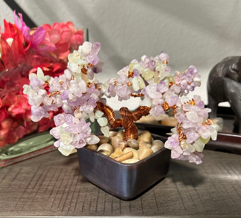 Healing Crystals: Lavender and Green Jade Crystal Gemstone Copper Wire Bonsai Tree of Life image 1