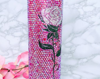 Rose Embellished High Quality Glass Rhinestone 30 ounce Stainless Steel Coffee Tumbler Cup