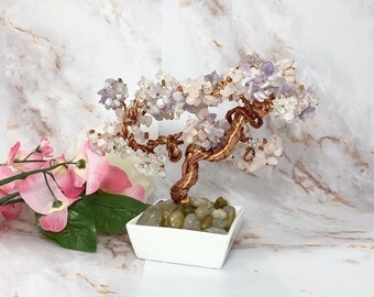 Rose Quartz, Purple  Jade, and Crystal Quartz Beaded Copper wire Bonsai Tree of Life, Handmade with Love