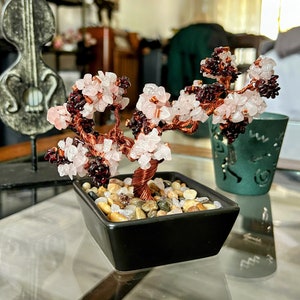 Rose Quartz and Garnet Crystal Beaded Copper Wire Bonsai Tree of Life, Handmade with Intention, Crystal Tree of Life, Copper Wire Sculpture