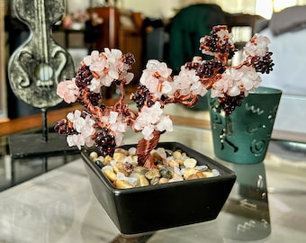 Rose Quartz and Garnet Crystal Beaded Copper Wire Bonsai Tree of Life - Handmade Spiritual Home Decor or Gift