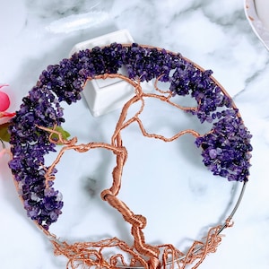 Crystal Tree of life, Amethyst Crystal Copper Wire Tree of Life, Copper Sculpture Wall Art 10 inch Tree of Life. Healing Crystals