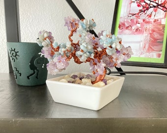 Lavender Jade and Aquamarine Crystal Beaded Copper wire Bonsai Tree of Life, Handmade with Love and intentions