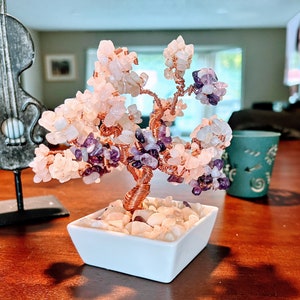 Rose Quartz and Amethyst Copper wire Bonsai Tree of Life-Copper Wire Sculpture-Crystal Tree of Life. Healing Crystals