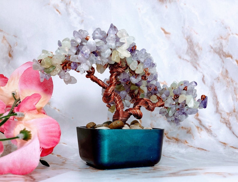 Healing Crystals: Lavender and Green Jade Crystal Gemstone Copper Wire Bonsai Tree of Life image 10