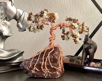Large 8” Jade and Tiger Eye Crystal Copper Wire Bonsai Tree of Life, Copper wire Sculpture, Crystal Bonsai Tree