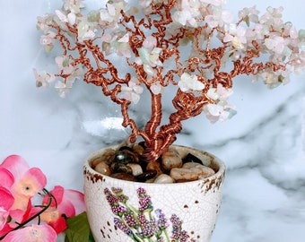 Rose Quartz and Jade Crystal Beaded Copper wire Bonsai Tree of life In this Beautiful Pot