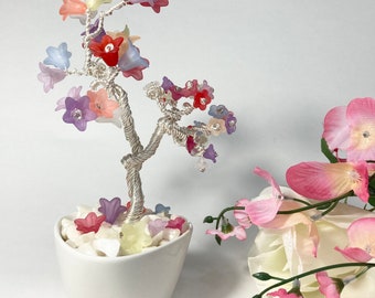 Multi-Colored Acrylic Flower Beaded Silver Plated Copper Wire Bonsai Tree of Life, Handmade With Love