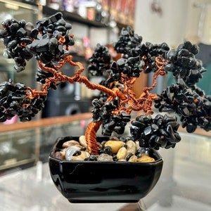 Obsidian Crystal Gemstone Copper wire Bonsai Tree Of Life, Genuine Gemstones, Copper Wire Sculpture, Crystal Tree of Life. Healing Crystals
