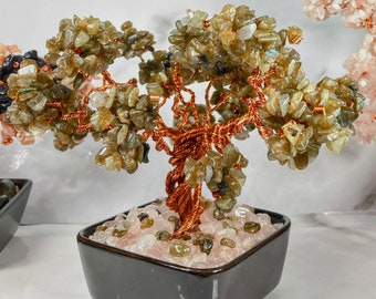 Labradorite Crystal Beaded Copper Wire Bonsai Tree of Life in Rose Quartz Bace