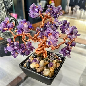 Amethyst Copper Wire Bonsai Crystal Tree of Life, Copper Wire Sculpture. Healing Crystals
