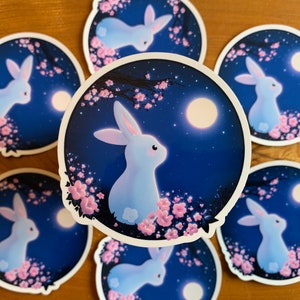 Sticker vinyle lapin lune || Lapin kawaii, autocollants animaux découpés, mignons, scintillants holographiques, holographique, résistant aux intempéries, autocollant pour ordinateur portable|| MB-V