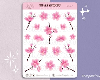 Pode incluir: Uma folha de adesivos com ilustrações de flores de cerejeira rosa. O design inclui flores e galhos individuais, com o texto "Sakura Blossoms" no topo. Os detalhes das redes sociais do artista também são exibidos na folha.