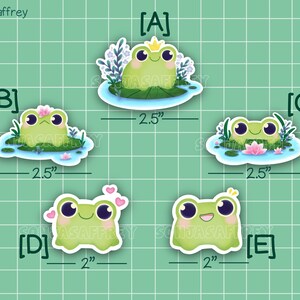 May include: Five frog stickers with different expressions. The stickers are on a green grid background. The stickers are 2.5 inches and 2 inches in size. The stickers are labeled A, B, C, D, and E.