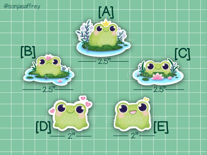 May include: Five frog stickers with different expressions. The stickers are on a green grid background. The stickers are 2.5 inches and 2 inches in size. The stickers are labeled A, B, C, D, and E.