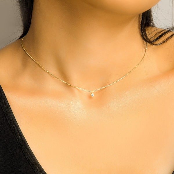 14k Tiny Diamond Choker/  Diamond Choker/ solitaire necklace/ Gift for Her/ CZ minimal necklace/ choker everyday/ layered necklace/ Xmas uk