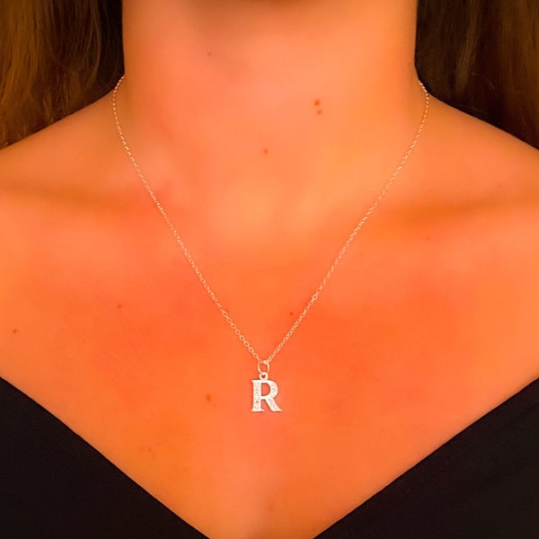 Initial R Necklace/  Silver plated R Necklace/  name necklace/ cubic zirconia capital & uppercase letter/ bridesmaids  gift/Personalized UK