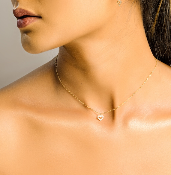 Tiny Diamond Heart Necklace 14k Small Diamond Heart Necklace