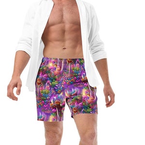 Magic Mushroom Psychedelic Art Men's swim trunks, Trippy Festival Clothing for EMD Raves and pool parties