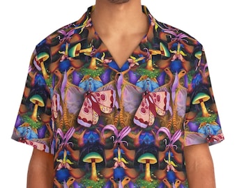 Trippy Mushroom Men's Hawaiian Shirt, Say Aloha to Psychedelic Art button down shirt | Festival Outfit | Vacation shirt