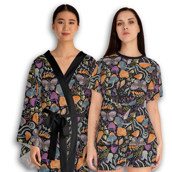 Trippy Mushroom Butterfly Robe, Kimono Gift Robe for Women, Funky Spa Robe, Festival Robe matching Pajama Set