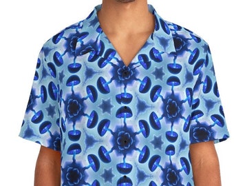 Trippy Blue Mushroom Hawaiian Shirt, Button Up Mens Shirt, Fun Festival and Holiday Vacation Outfit Idea, Gifts for him