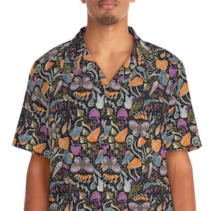 Trippy Mushroom Hawaiian Shirt, Psychedelic Art Oversized Boyfriend shirt, Magic Mushroom Mens button down shirt