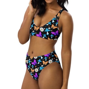 Daisy Mushroom Hippy bikini set, Recycled high-waisted swimwear, Mushroom Rave Outfit, Trippy Swimsuit, Festival Trends