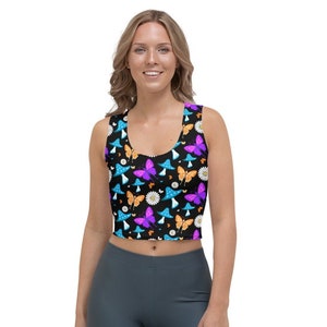 Trippy Mushroom Rave Outfit, Butterfly Mushroom Crop Top, Fitted Tank Top