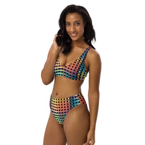 Psychedelic Rave Recycled high-waisted bikini set, Rainbow gradient trippy pattern rave theme swimsuit, eco swimwear