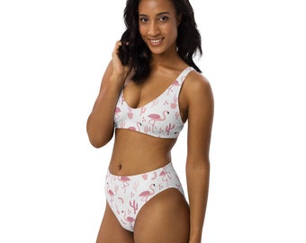 Pink Flamingo Bikini reciclado de cintura alta, conjunto de traje de baño ecológico
