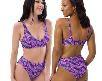 Purple Trippy Magic Mushroom Rave Bikini Set, Ethical Recycled fiber high-waisted bikini, festival outfit