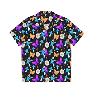Mushroom Daisy Butterfly Hawaiian Shirt, Psychedelic Art Oversized Boyfriend shirt, Magic Mushroom Mens button down shirt