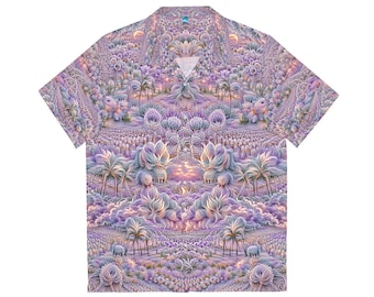 Camicia hawaiana da uomo psichedelica, camicia da spiaggia con tramonto e arte psichedelica, idee di outfit uniche, stile hippy unico nel suo genere