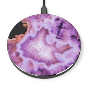 Purple Agate Crystal  Wireless Charger, Geode Fast Charging Pad for Apple iPhone and Android, Wireless Charging Station Tech Gift