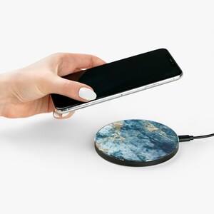Blue Gold Marble Wireless Charger, Crystal fast Charging Pad for Apple iPhone and Android, Wireless Charging Station Tech Gift
