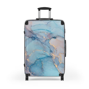 Blauwe aquarel kunst handbagage koffer, trendy reiskoffer, artistieke schilderij roltas