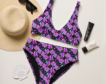 Trippy Mushroom Swim Suit, Psychedelic Rave outfit, Recycled high-waisted festival bikini